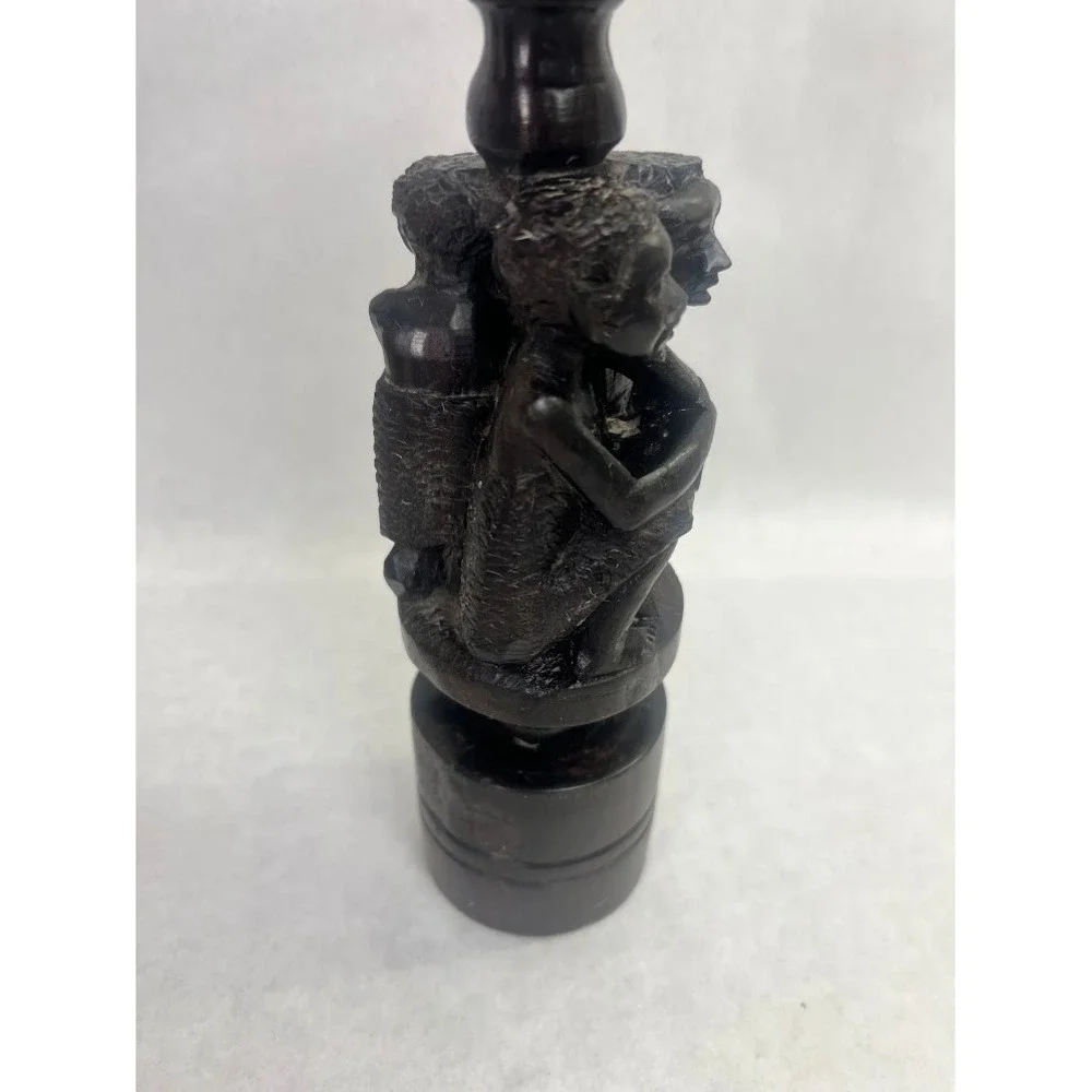 Hand Carved African Ebony Wood Candlestick Holder Tribal Figures Dark Wood 11in